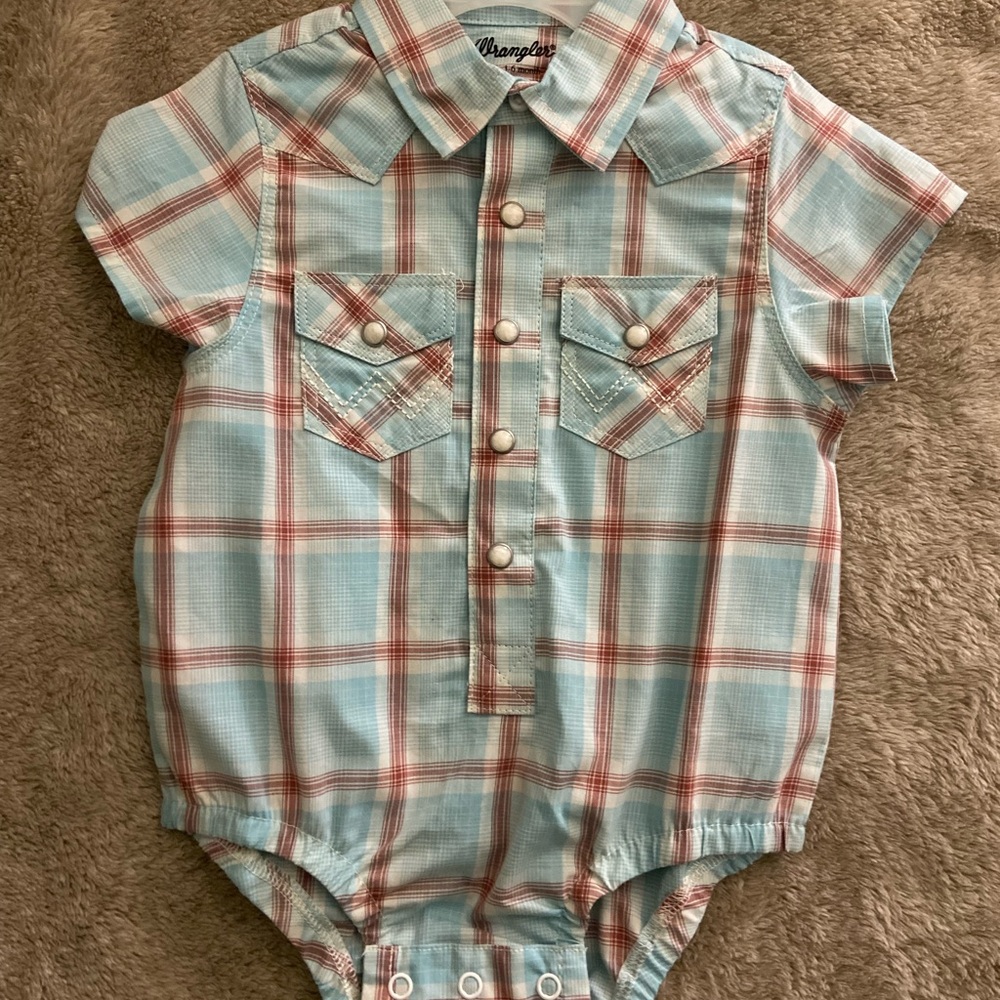 Wrangler Baby Plaid Romper in Light Blue and Rust
